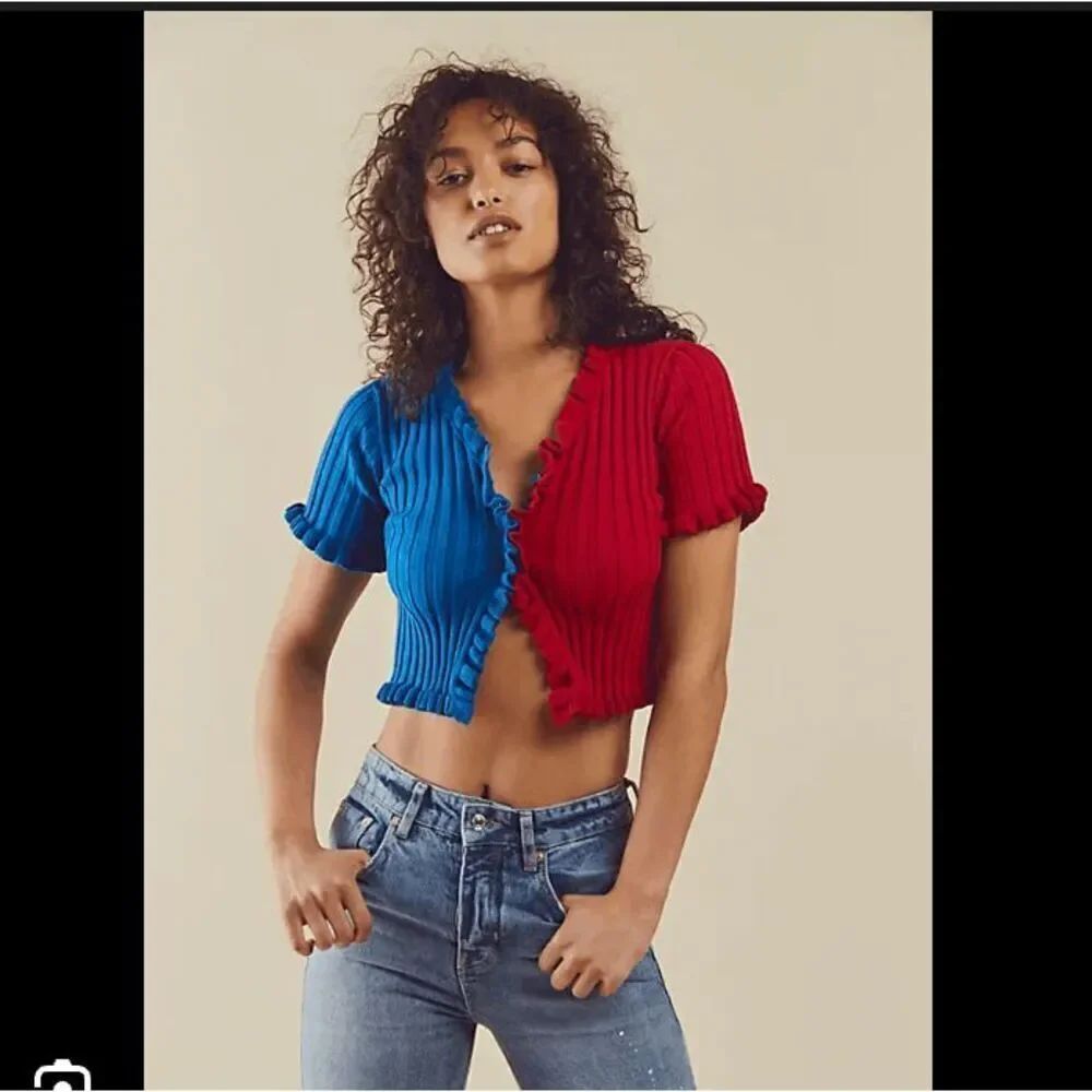 Free People Find Me Now Ruffle Crop Top S Colorblock Whimsical Bold - Picture 2 of 11